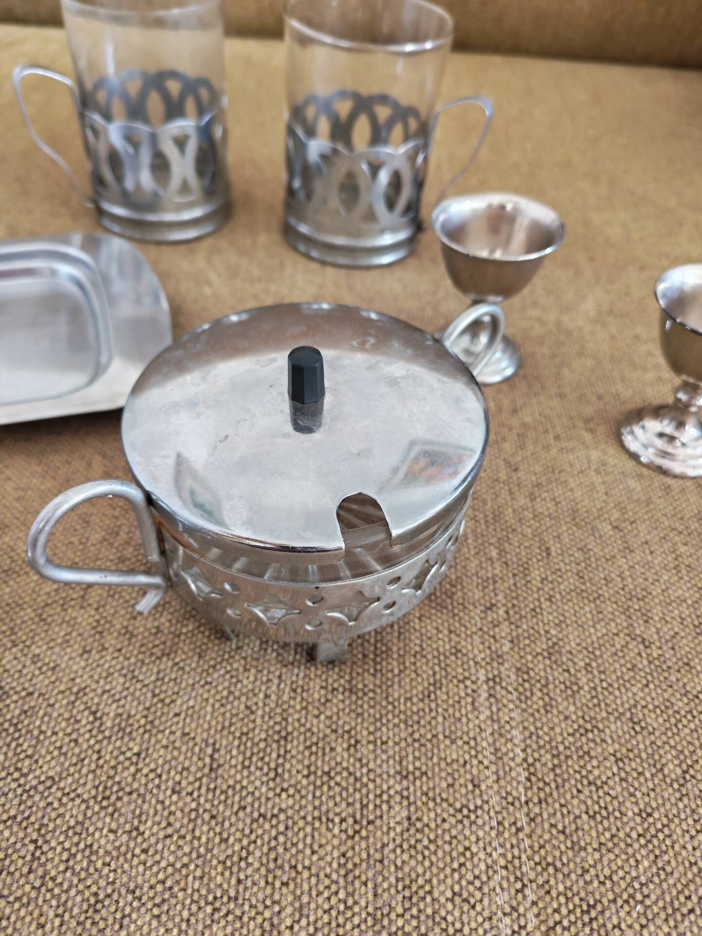 Vintage glass and silver metal breakfast set