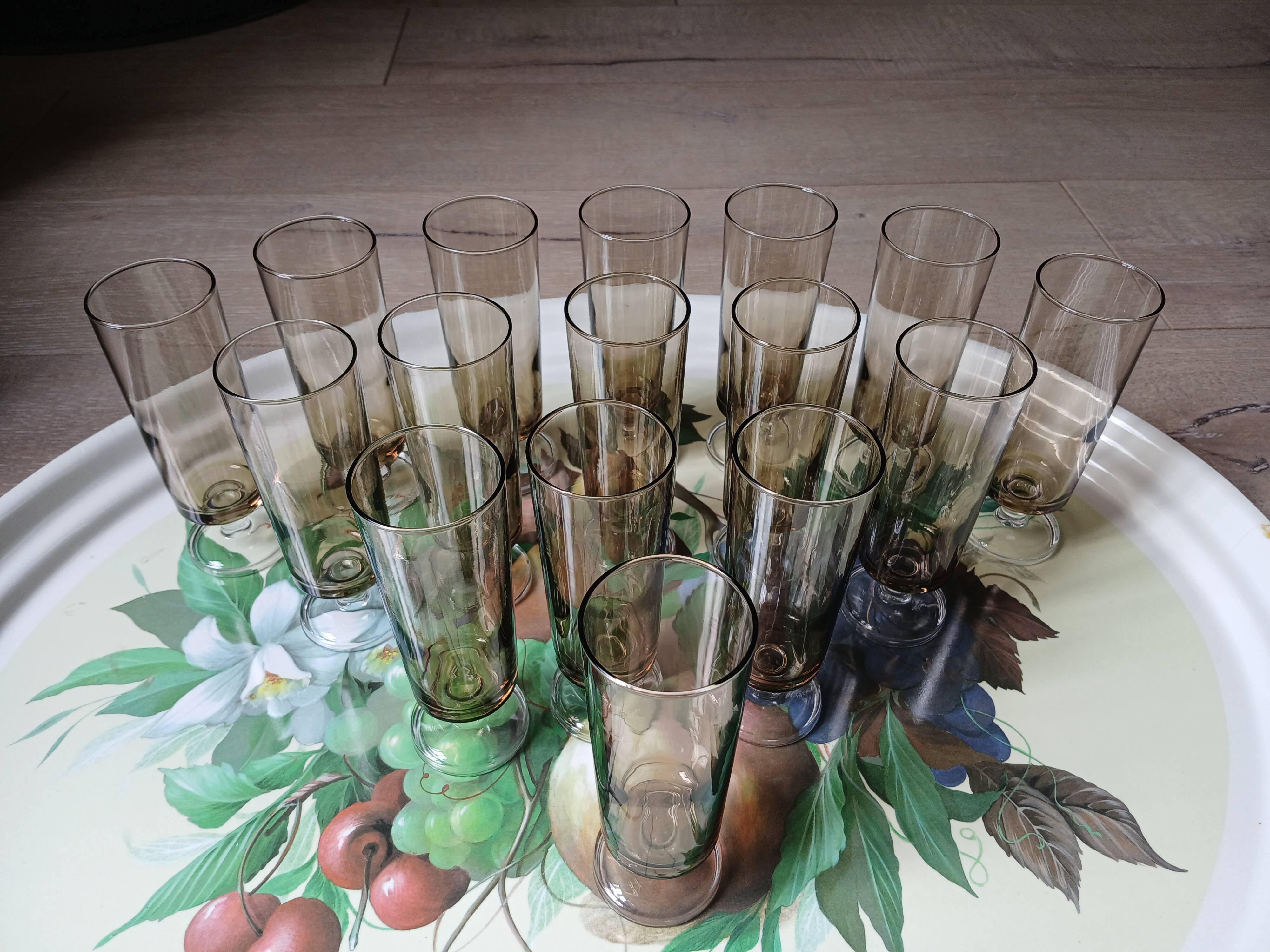 16 vintage smoked glass champagne flutes