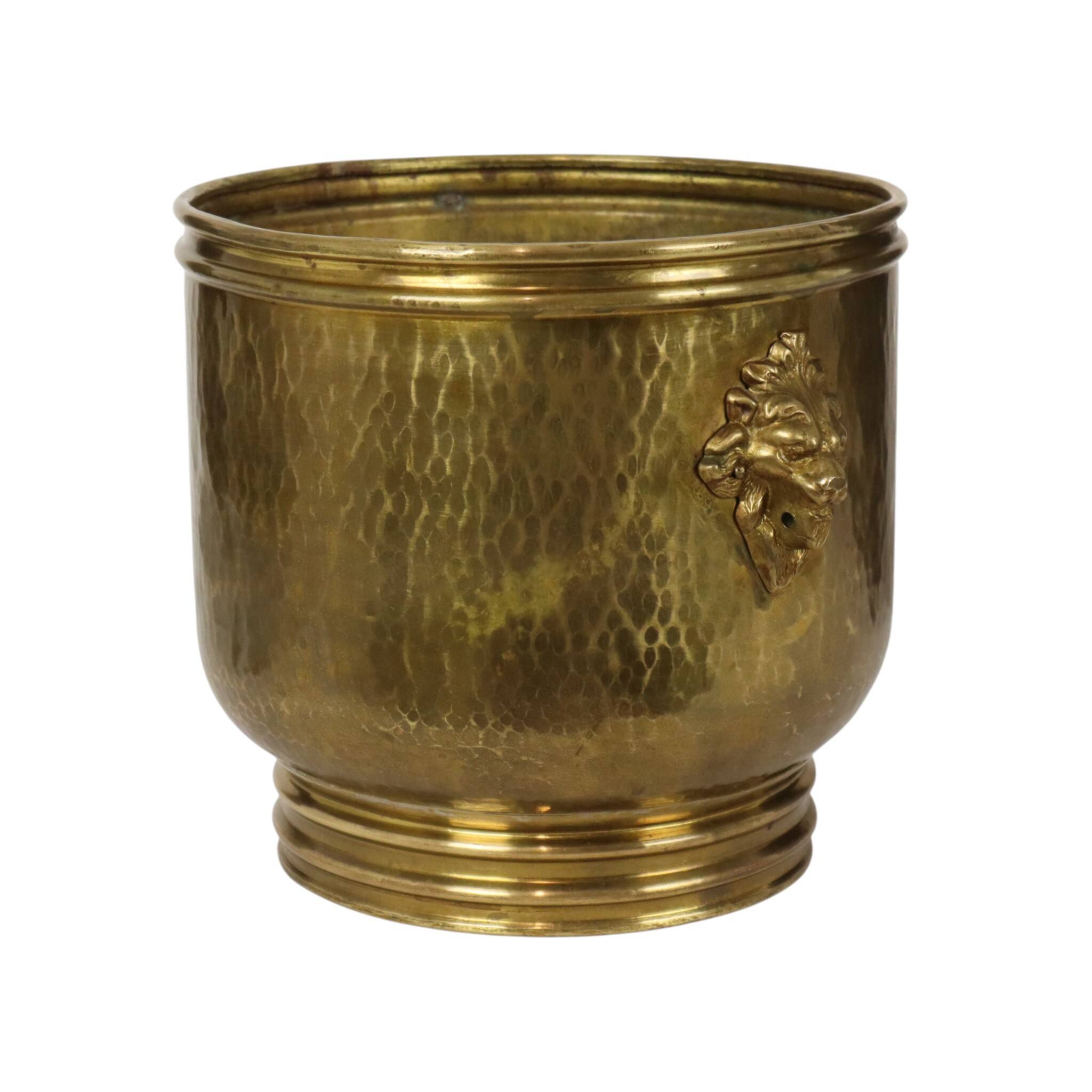 Large Hammered Brass Jardinière/Planter with Lion Heads