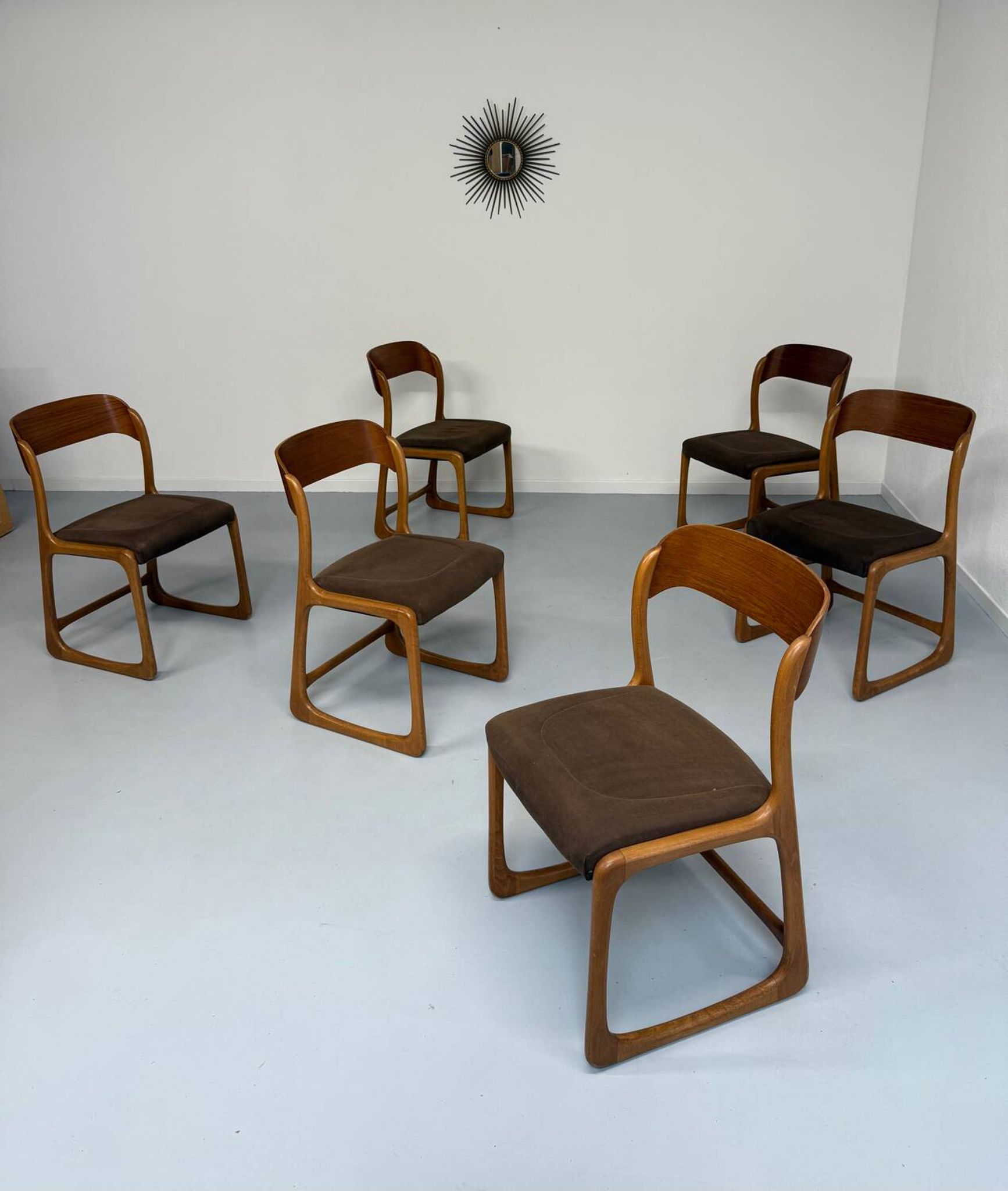 Set of 6 Baumann sleigh chairs in wood and brown fabric, original 1960s