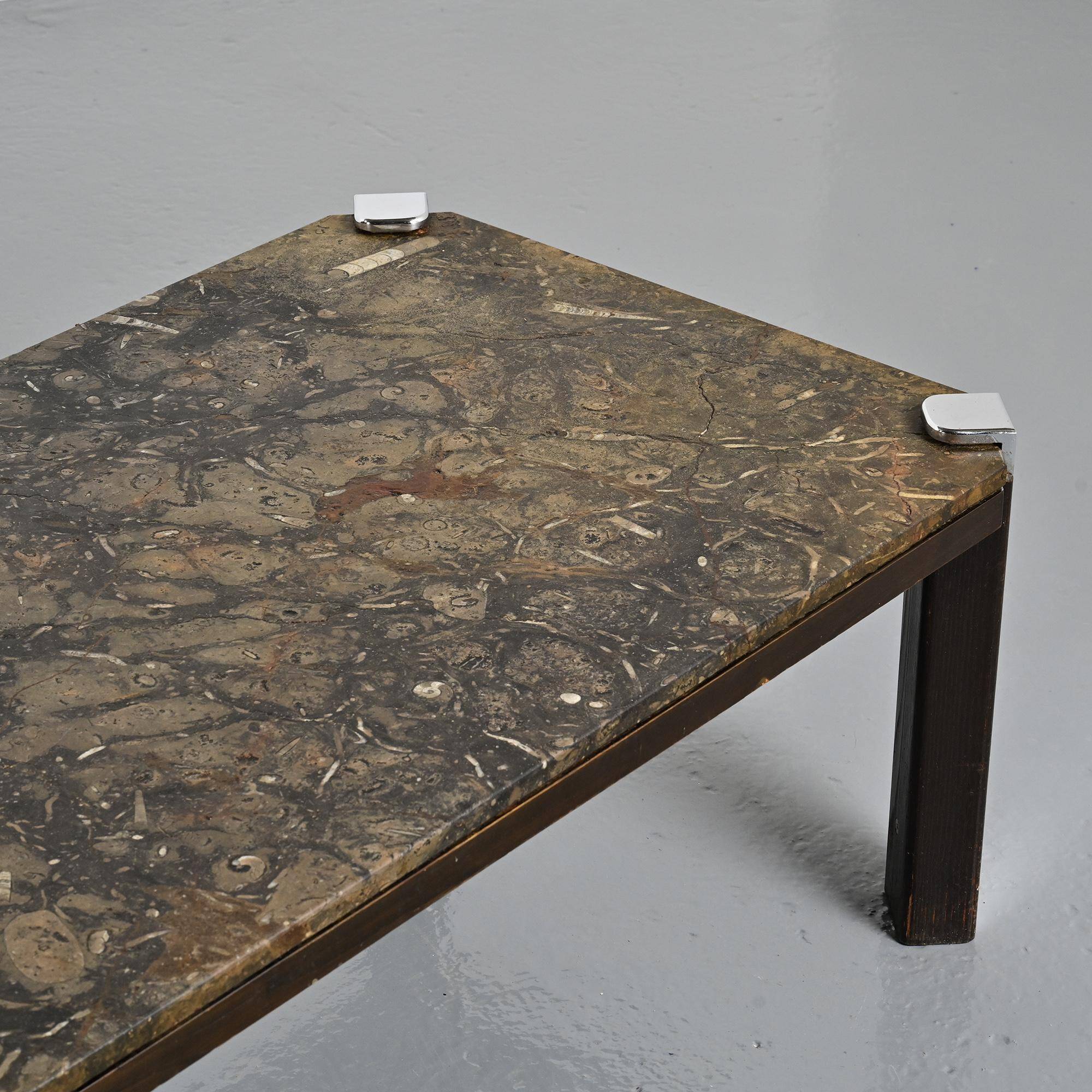 Fossil stone and chrome metal coffee table, Fossile Collection, Switzerland, circa 1980.