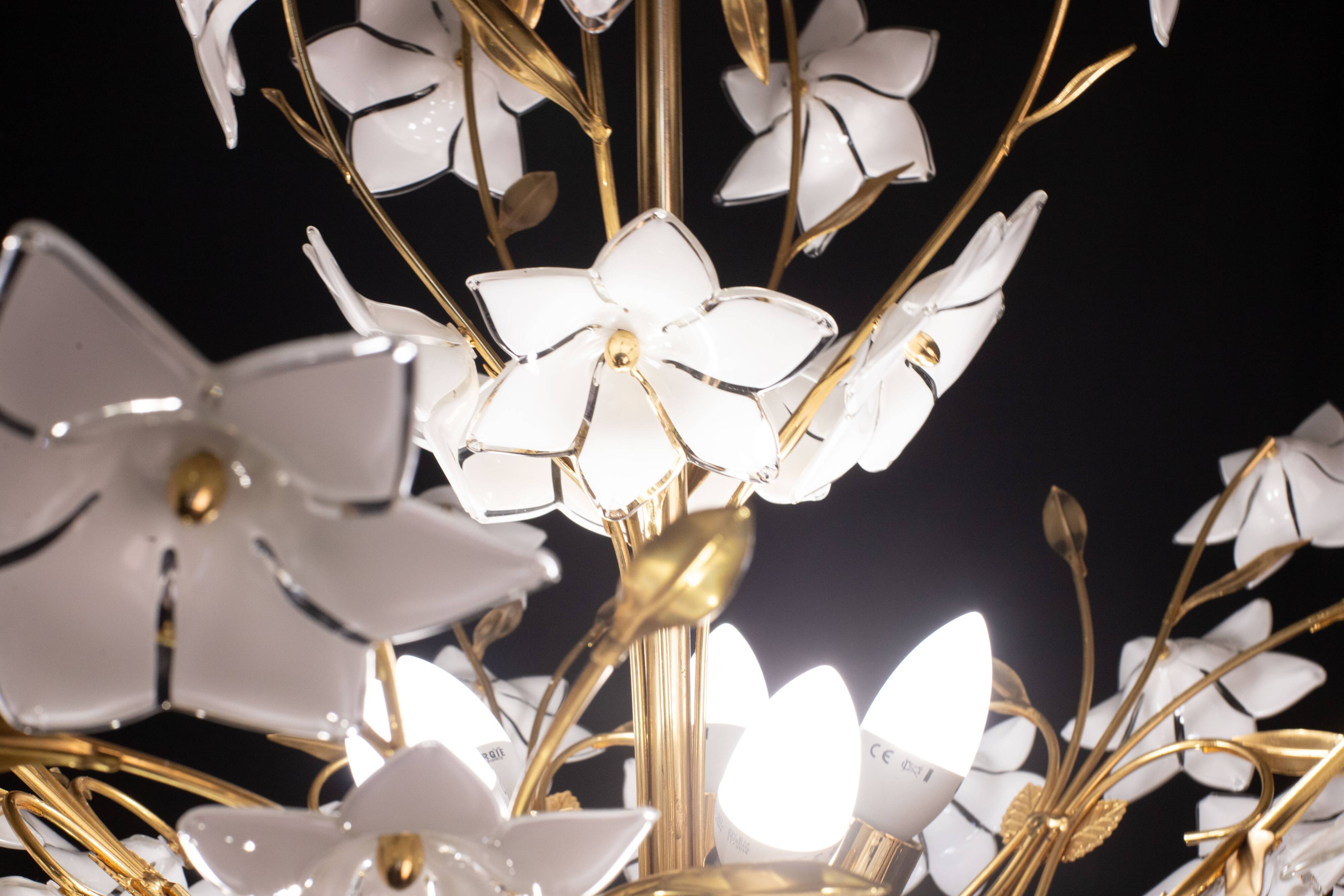 Vintage Murano Glass Chandelier White Flowers, 1970