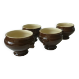 mini earthenware soup tureens in brown and beige inside.