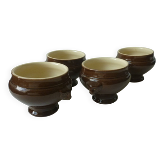 mini earthenware soup tureens in brown and beige inside.