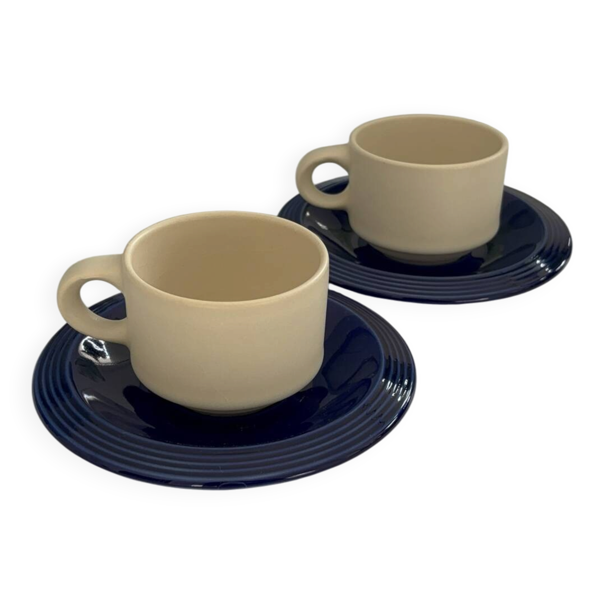 Set of 2 vintage ceramic mugs in cobalt blue & ecru • Tea service