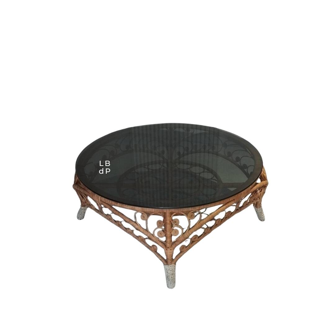 Large Peacock-French Riviera coffee table in rattan, bamboo, glass, vintage.