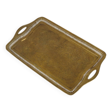 Vintage Oriental Brass Tray with Floral Decoration, 50 cm