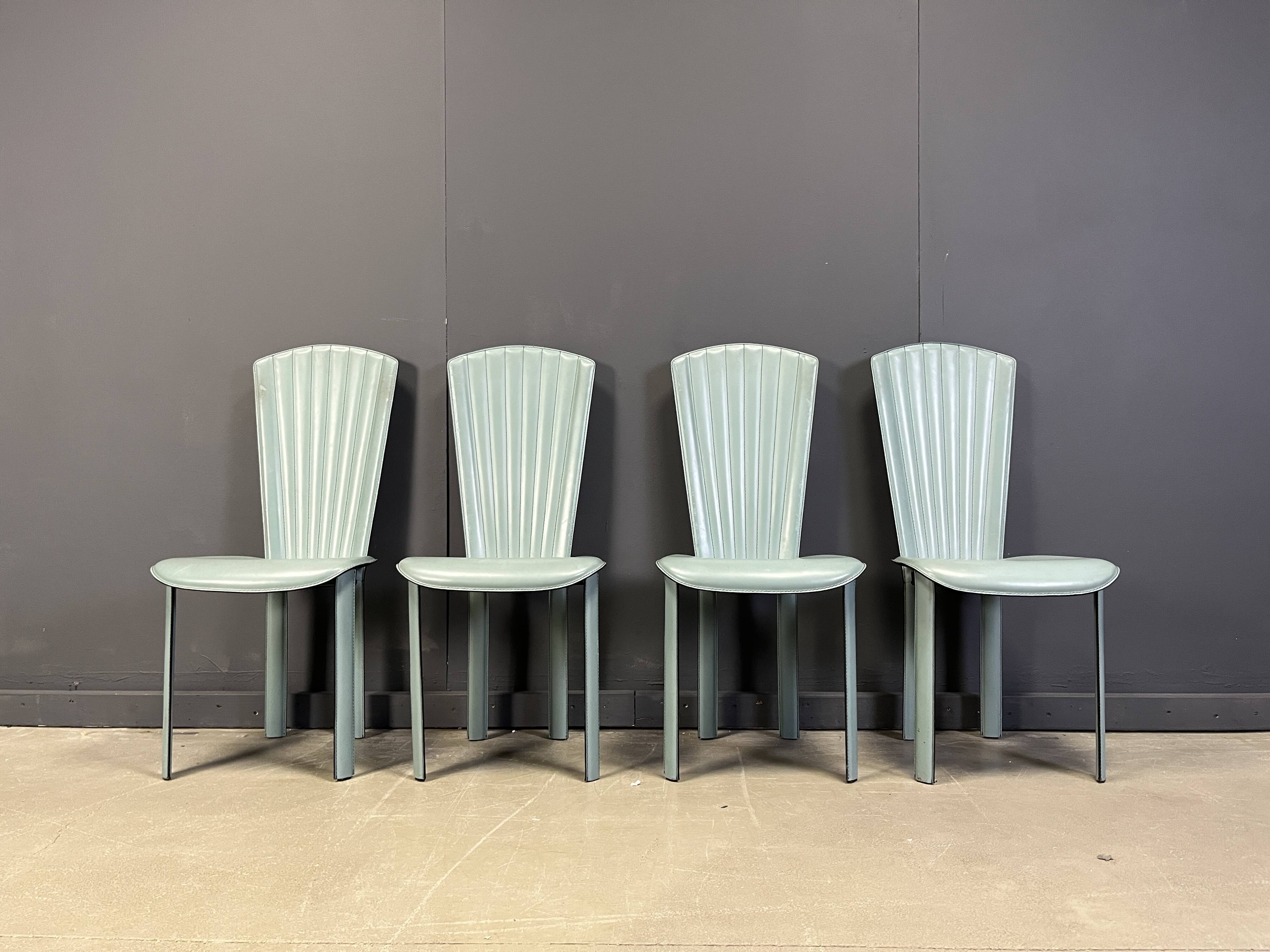 Postmodern green leather dining chairs, 1980s