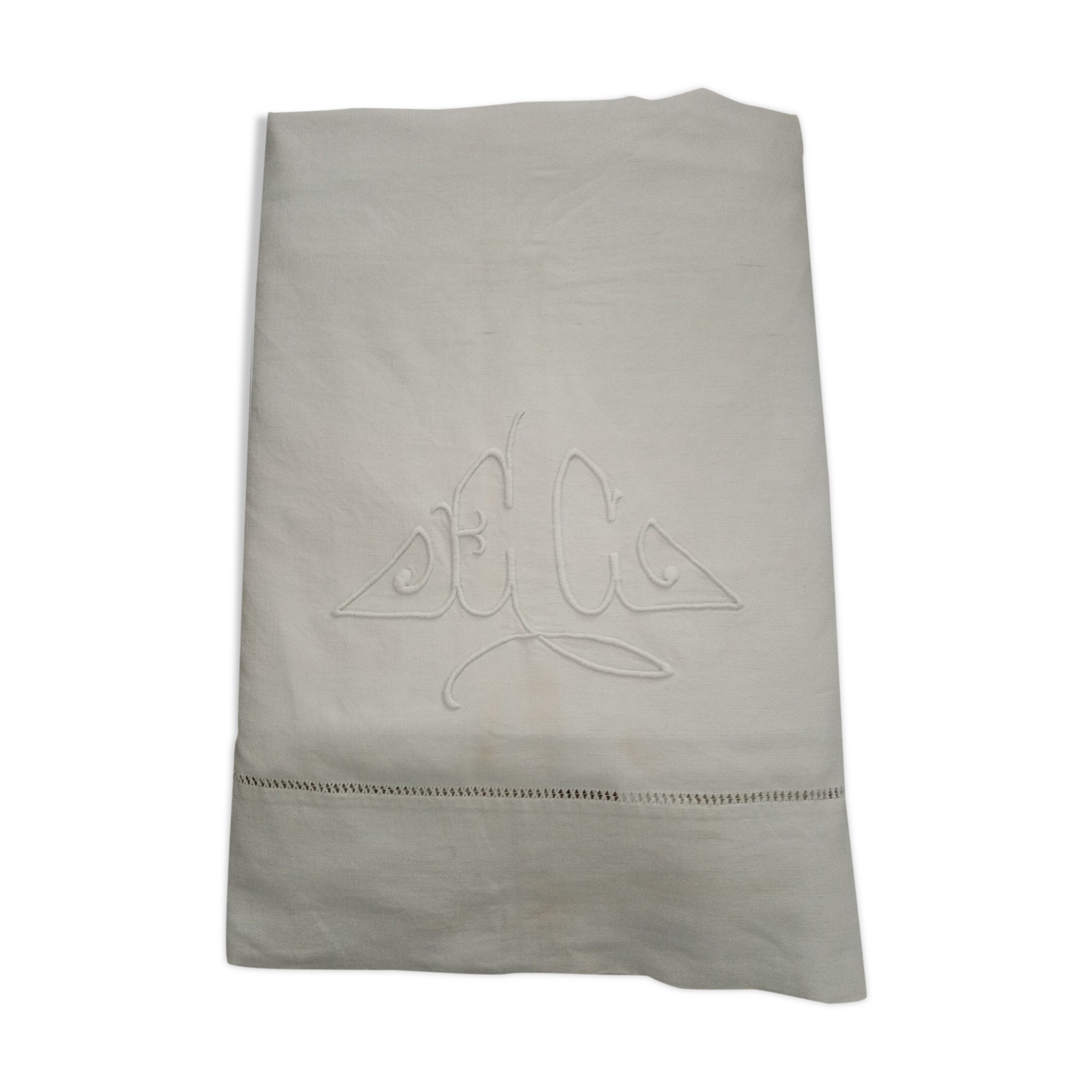Old embroidered monogram EC métis sheet 300 x 200 cm Art Deco
