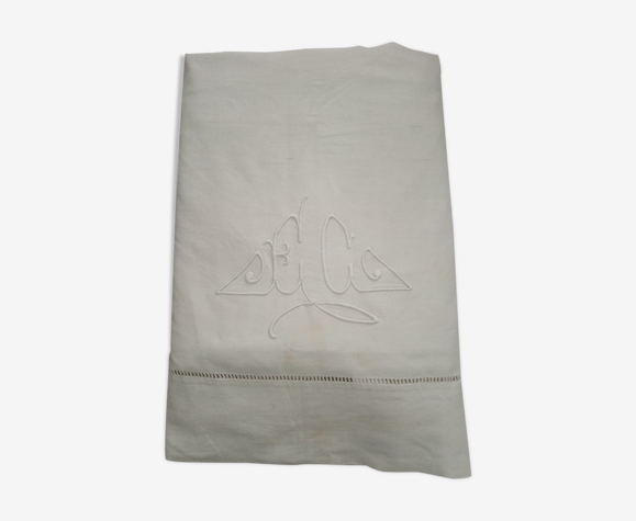 Drap ancien brodé monogramme EC drap métis 300 x 200 cm Art déco