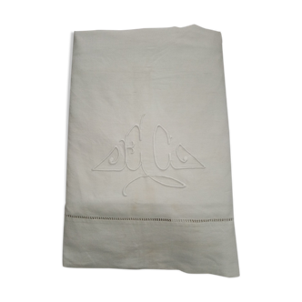 Old embroidered monogram EC métis sheet 300 x 200 cm Art Deco