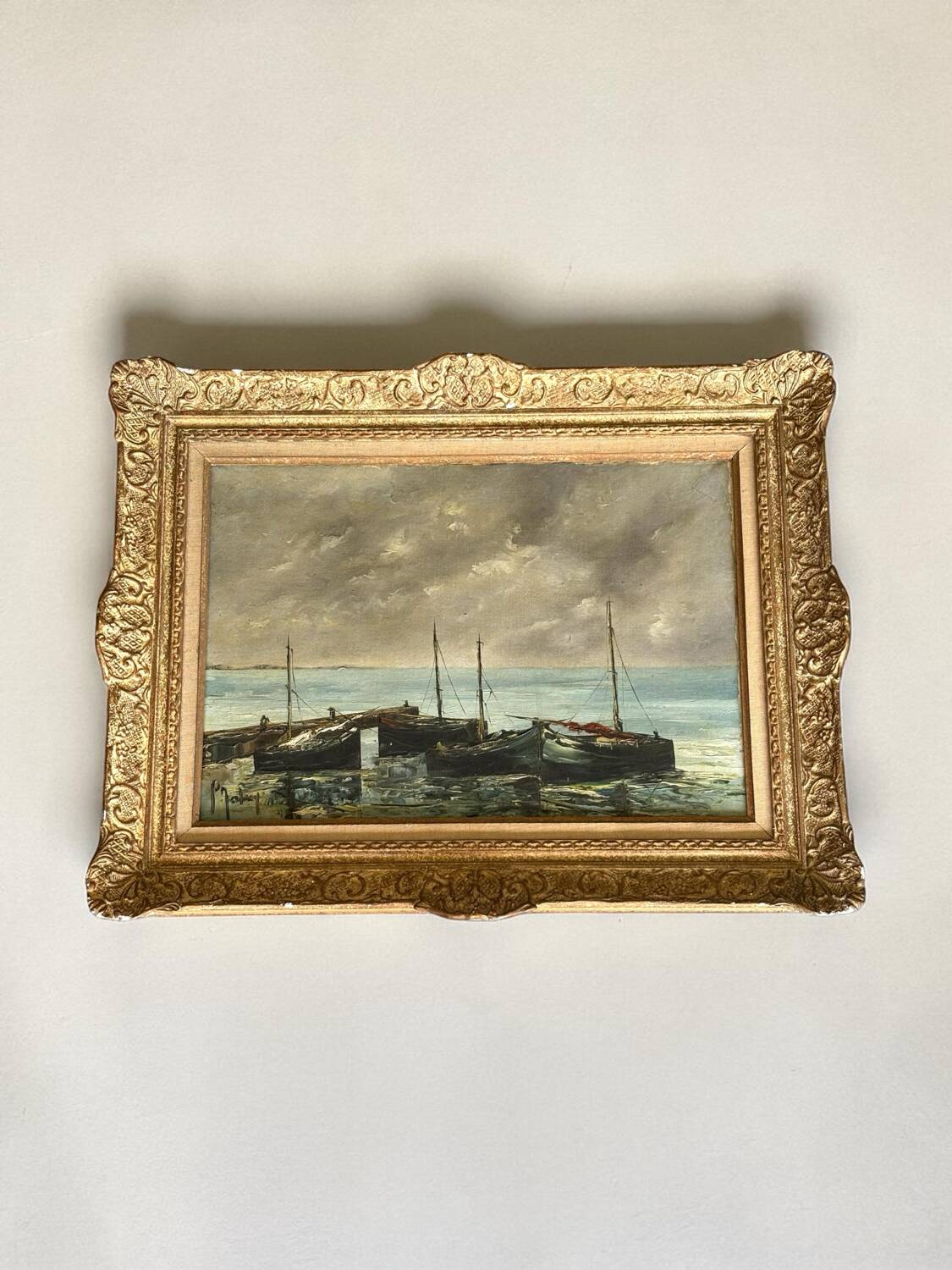 Oil on canvas - boats in the harbour, signed 1964