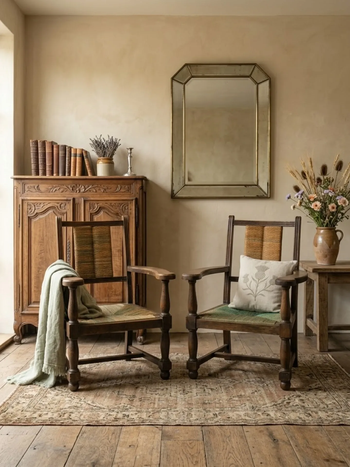 Brutalist pair of rustic turned wooden armchairs from the 1950s.
