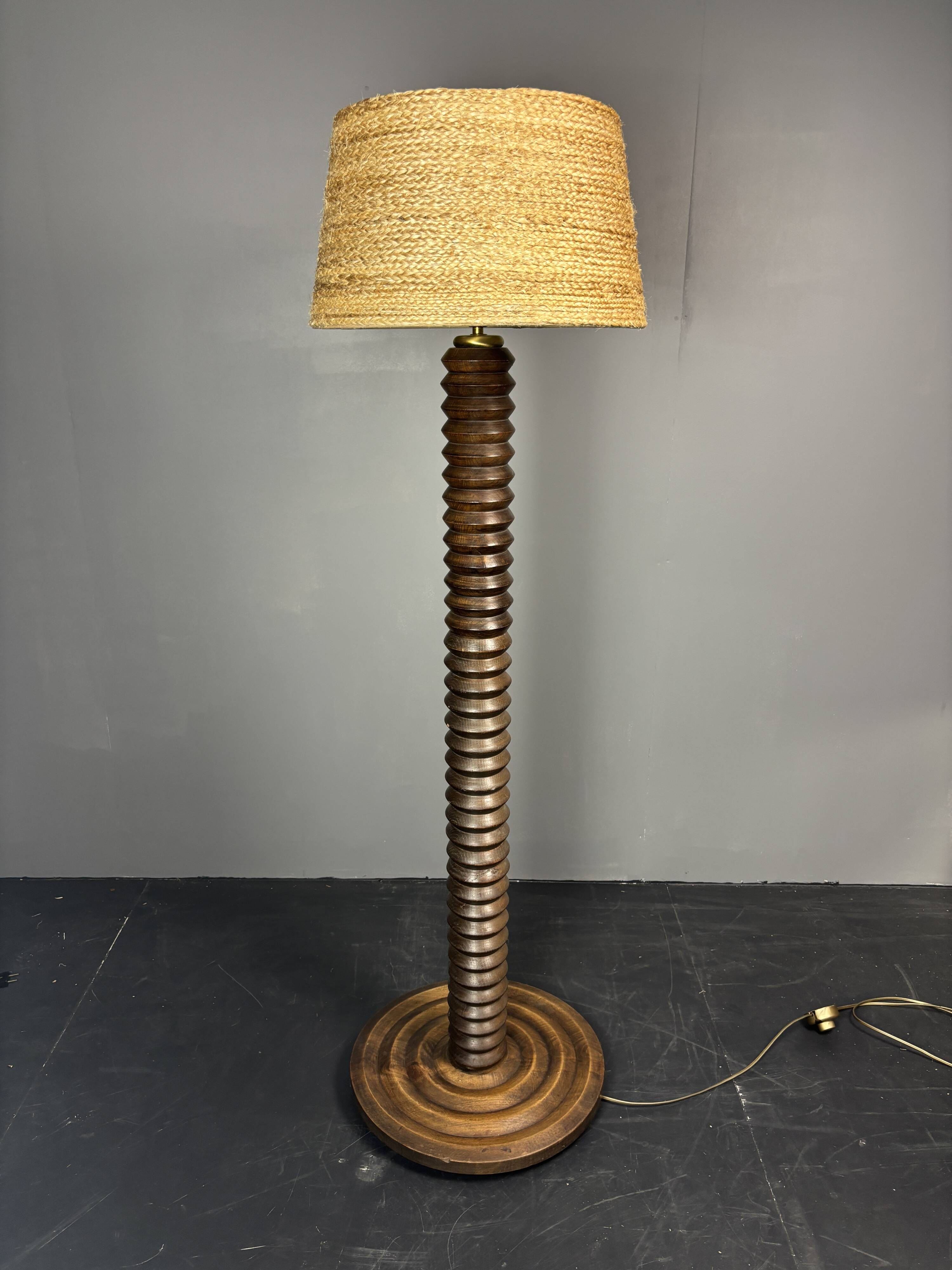 Midcentury brutalist chunky wood turned floor lamp, Charles Dudouyt style.