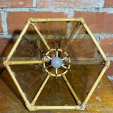 Antique Hexagonal Bamboo Rattan Pendant Light + Vintage Engraved Glass Plates