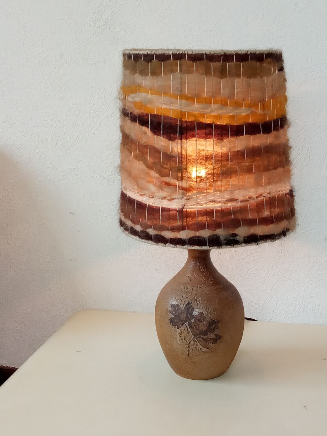 Sandstone lamp, wool lampshade, 50s/60s