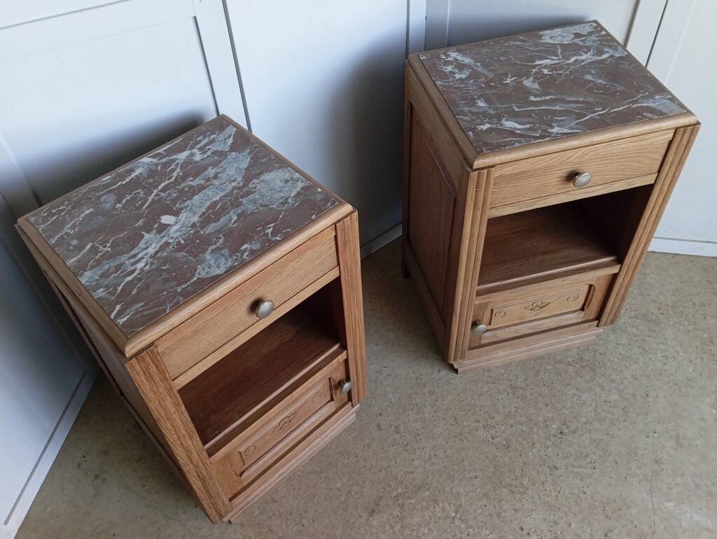 Pair of Art Deco bedside tables in solid oak