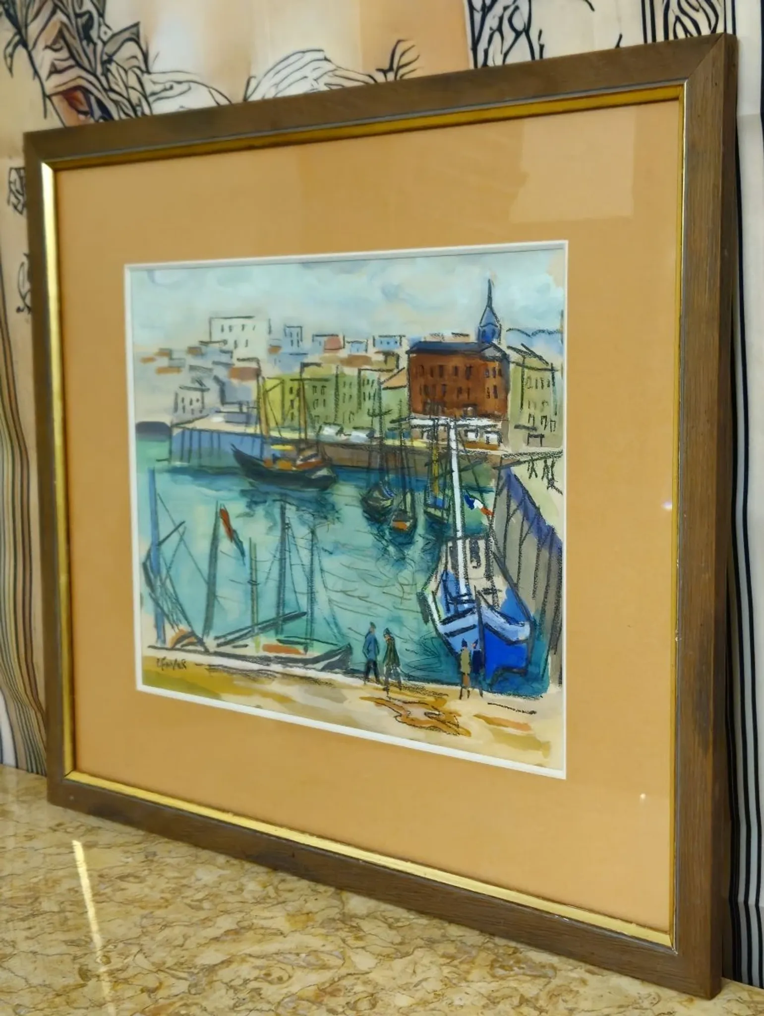 Watercolour / mixed media – Busy port – Signed R. Favier – Framed