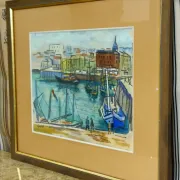 Watercolour / mixed media – Busy port – Signed R. Favier – Framed