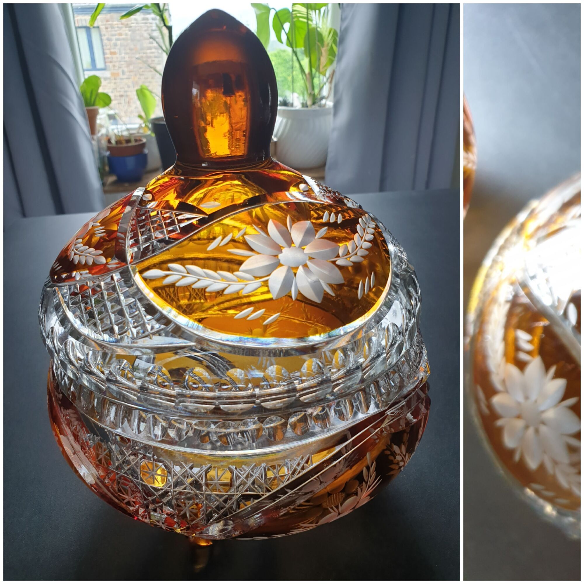 Old bohemian crystal candy, amber overlay