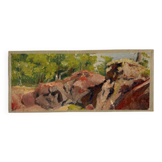 Oil painting on canvas "Forest, cliff and characters" n°32