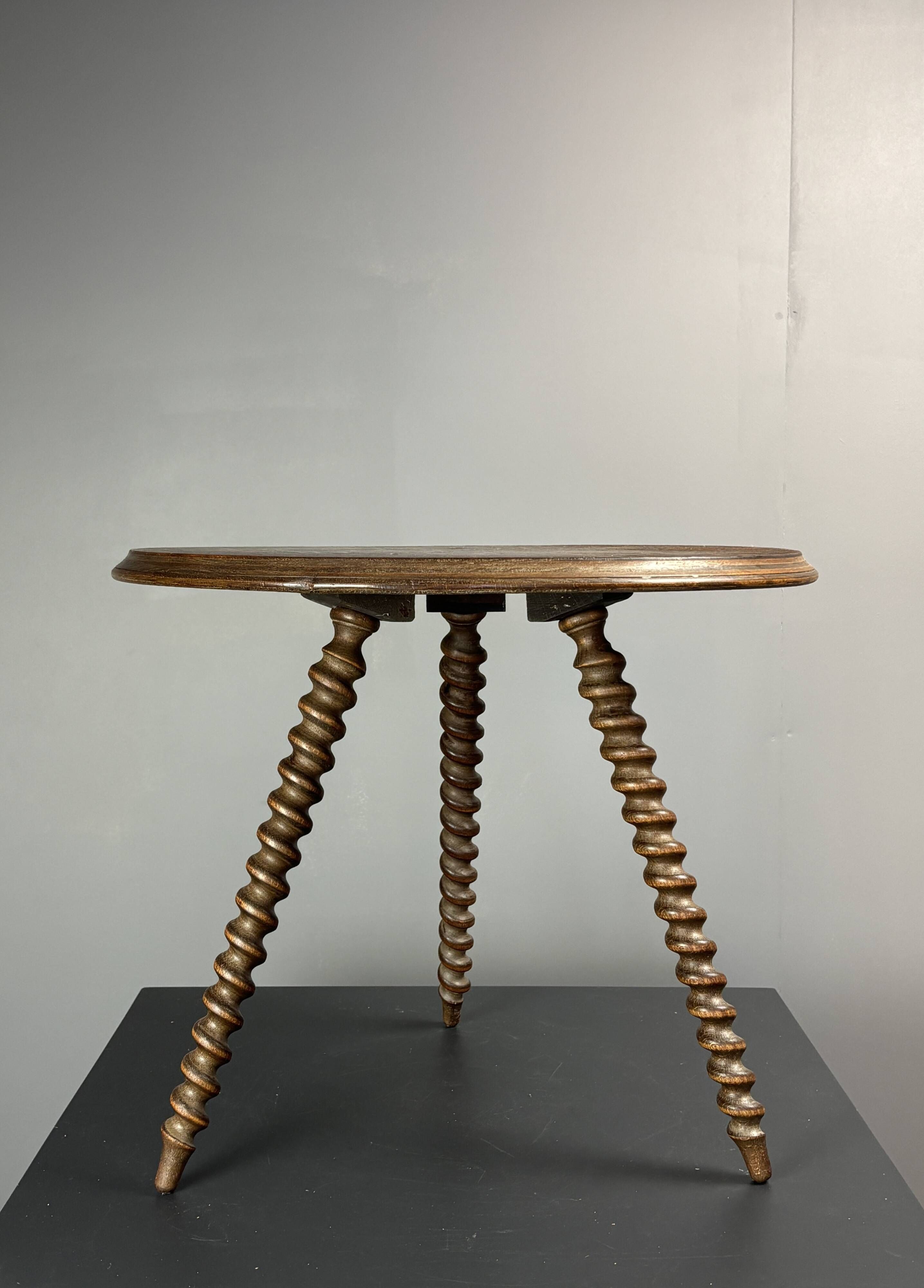 Midcentury wood turned barley twist side table with cork screw legs 1950s