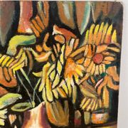 Nature morte, livres et tournesols, huile sur panneau