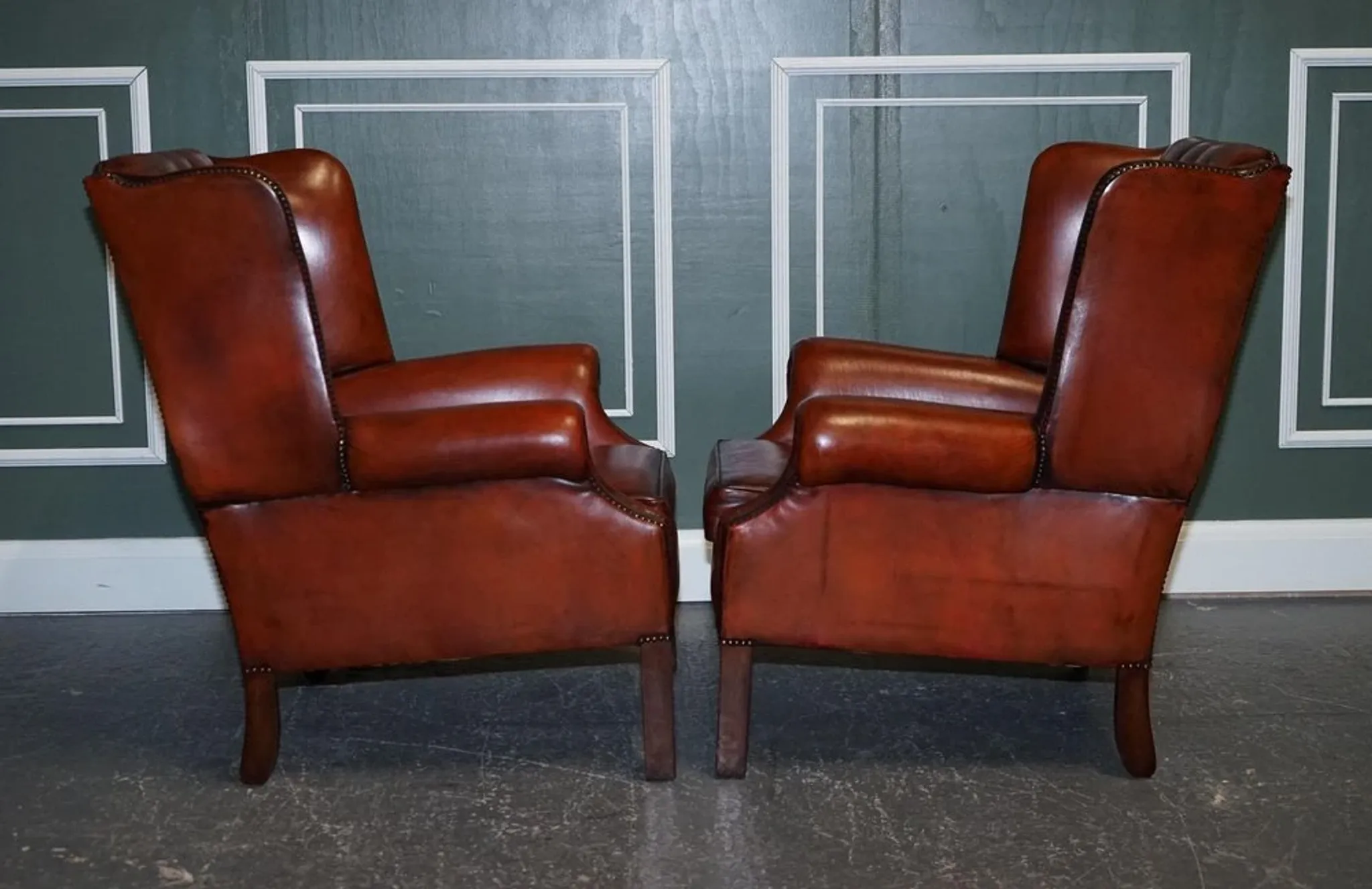 Brown Leather Hand-Dyed Wingback Chairs, Set of 2