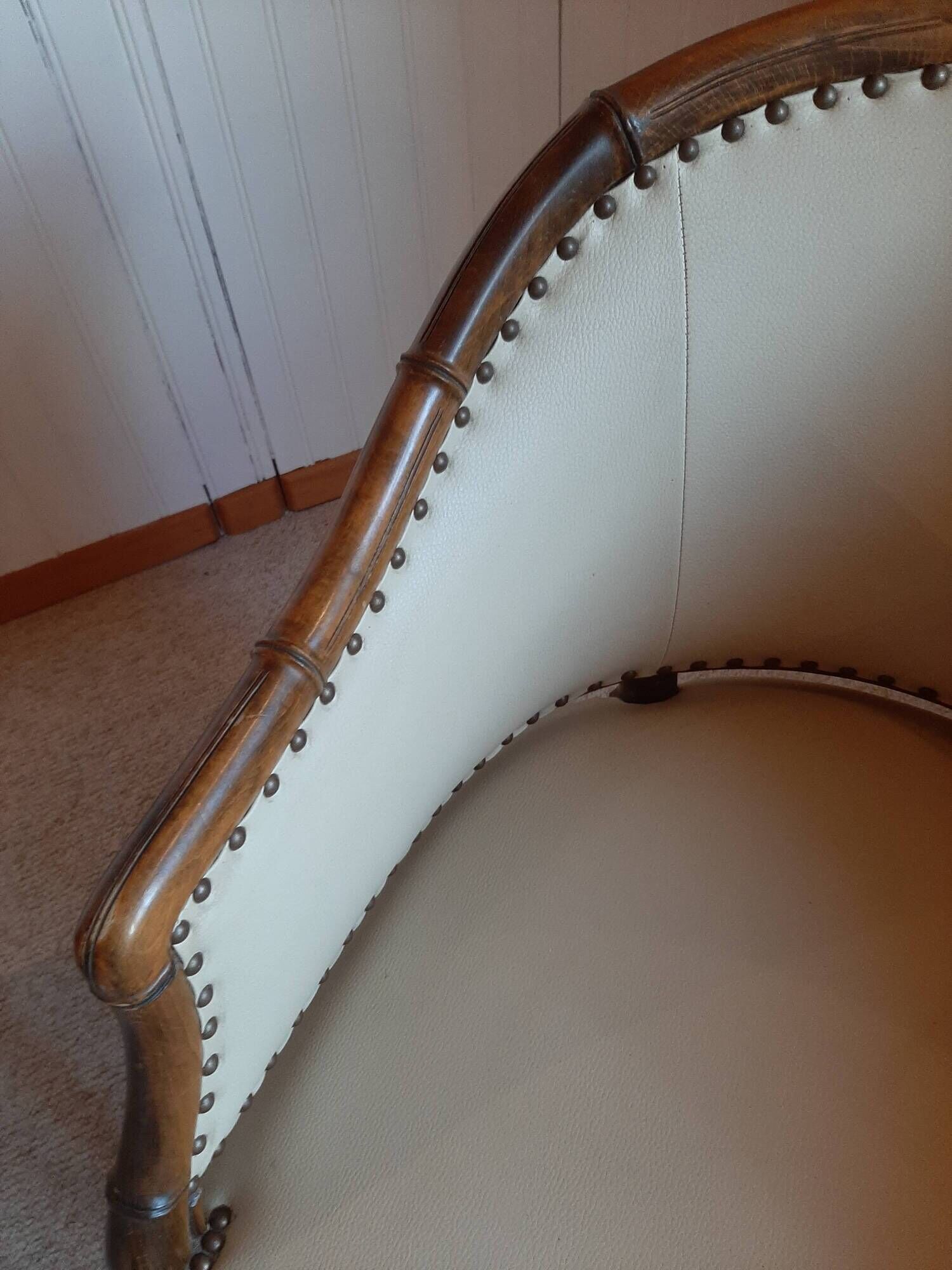 Set of 2 bergere style armchairs - bamboo and white imitation leather - vintage