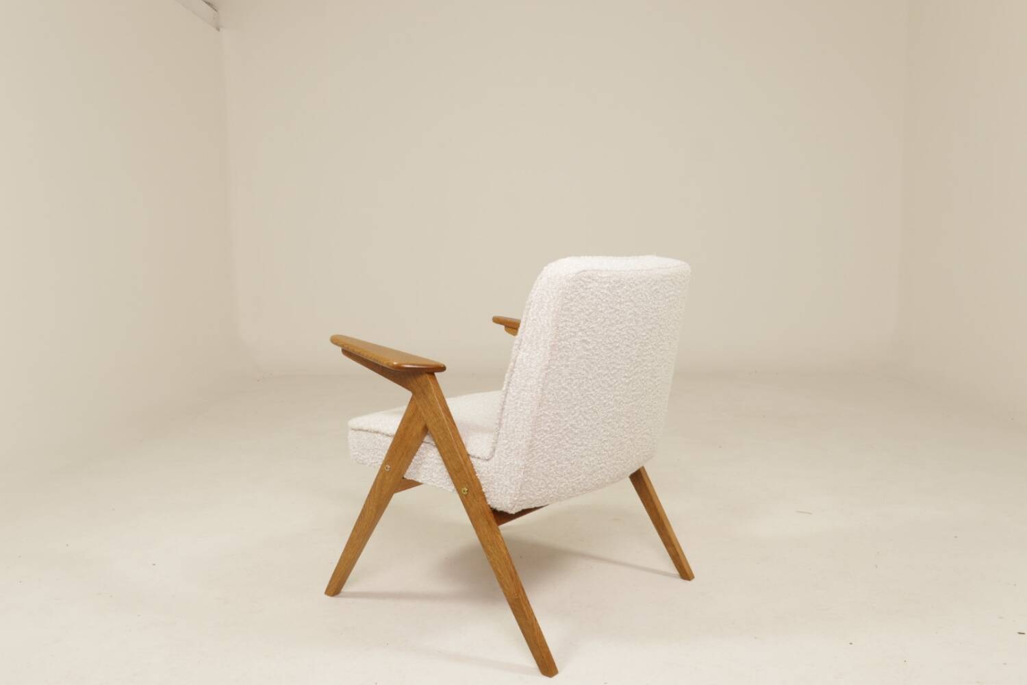 Vintage armchair rustic oak pearl bouclé concluded by Chierowski