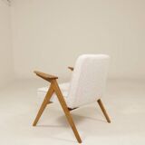 Vintage armchair rustic oak pearl bouclé concluded by Chierowski