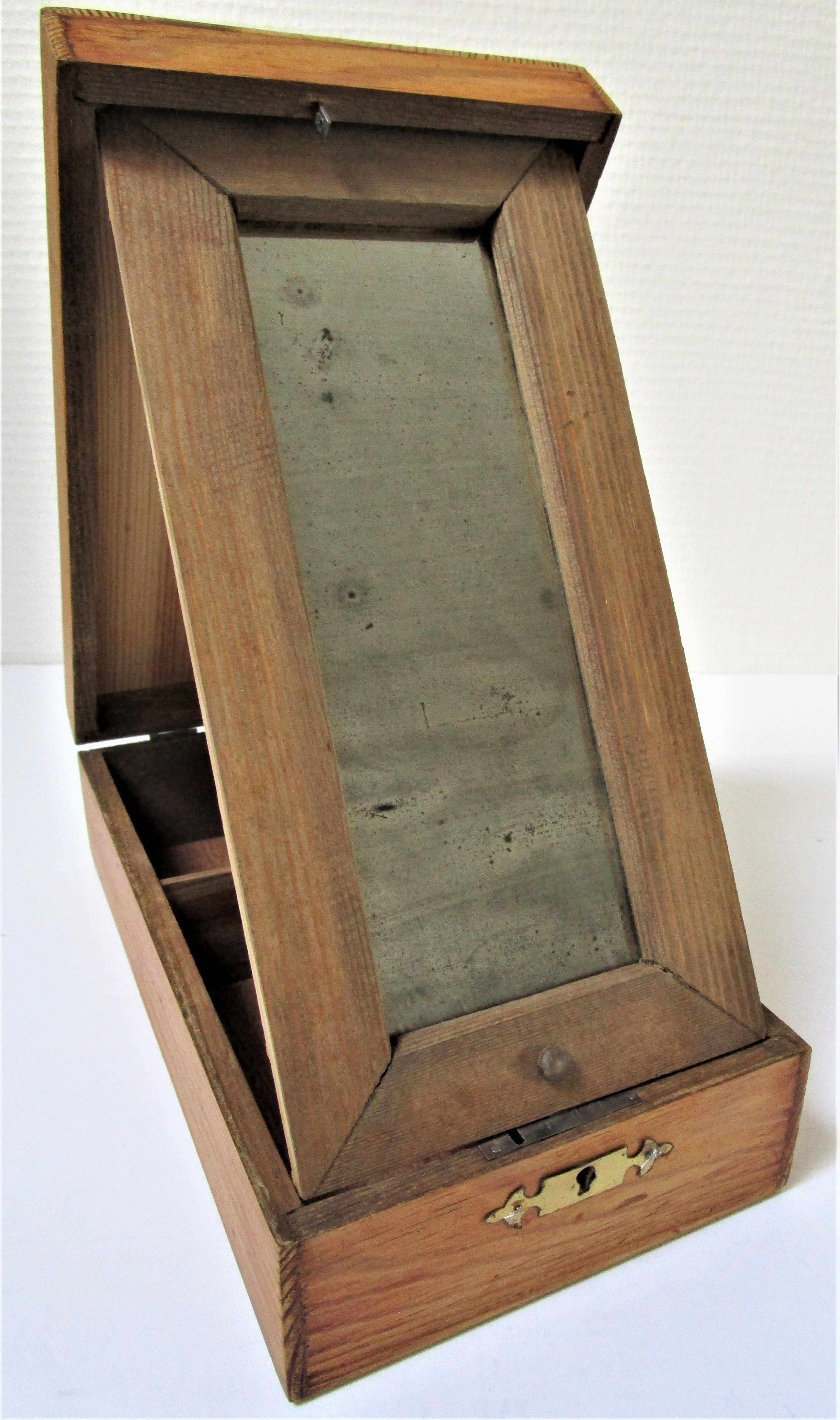 Wooden jewel box with patinated mirror early 20th century