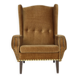 1970s, Danish high back armchair, furniture velour, oak wood legs.
