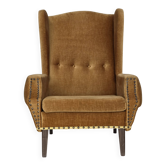 Fauteuil à dossier haut danois des années 1970, en velours de mobilier, avec des pieds en bois de chêne.