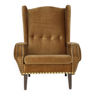 1970s, Danish high back armchair, furniture velour, oak wood legs.