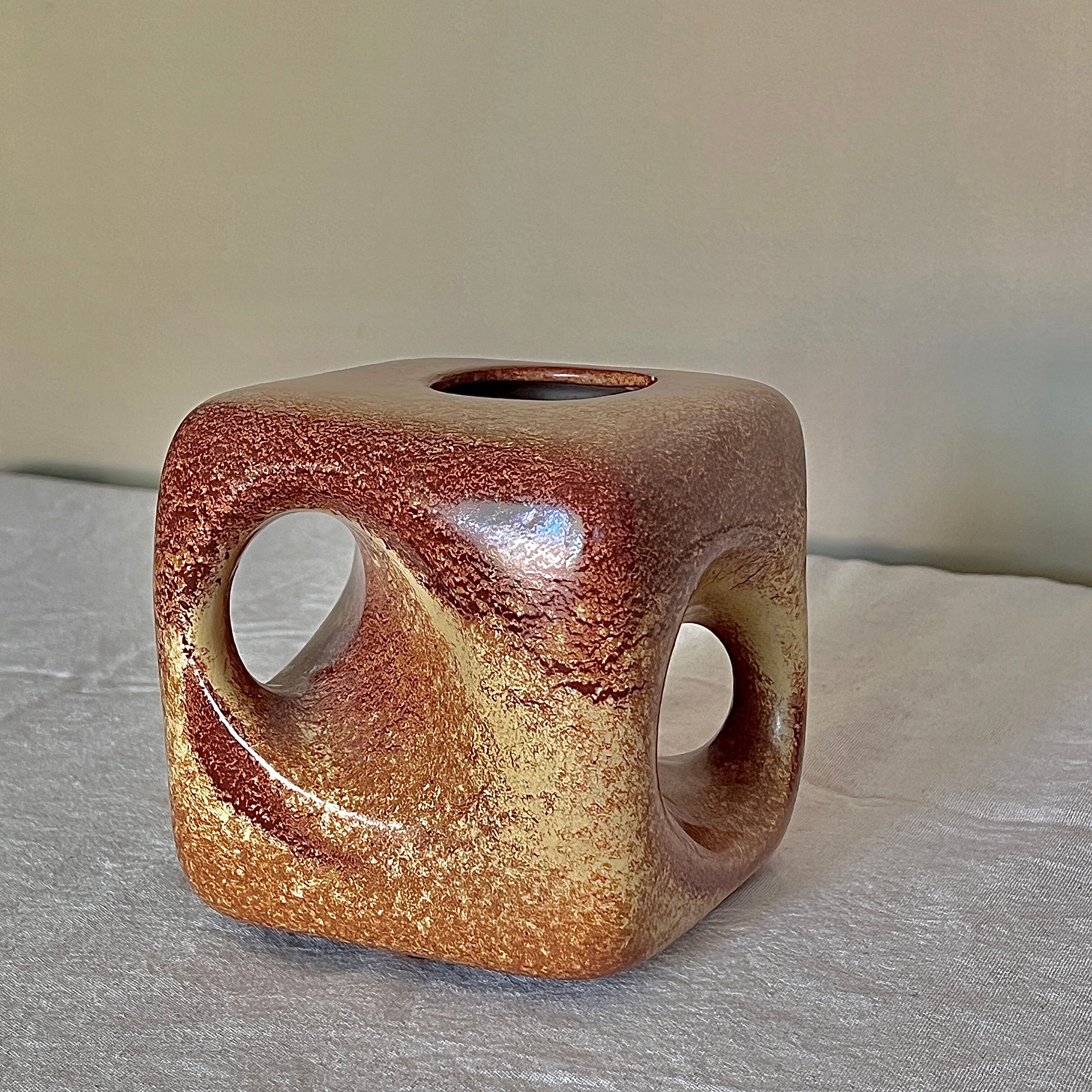 Bertoncello ,,screziato tabacco" glaze, cube vase italian vintage mid century from the 1970's by rob