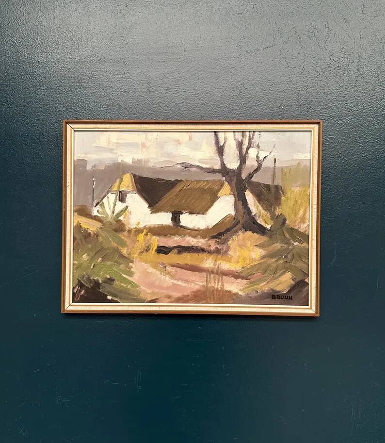 Original Swedish Oil on Canvas – "Farm" by Jörgen Bruun – Signed – Vintage and Framed – 41 × 31 cm (16.1" × 12.2")