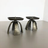 Set of 2 Modernist Vintage 1970s Sculptural Brutalist Metal Candleholder, France