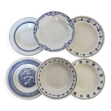 6 mismatched vintage blue and white earthenware soup plates - Set