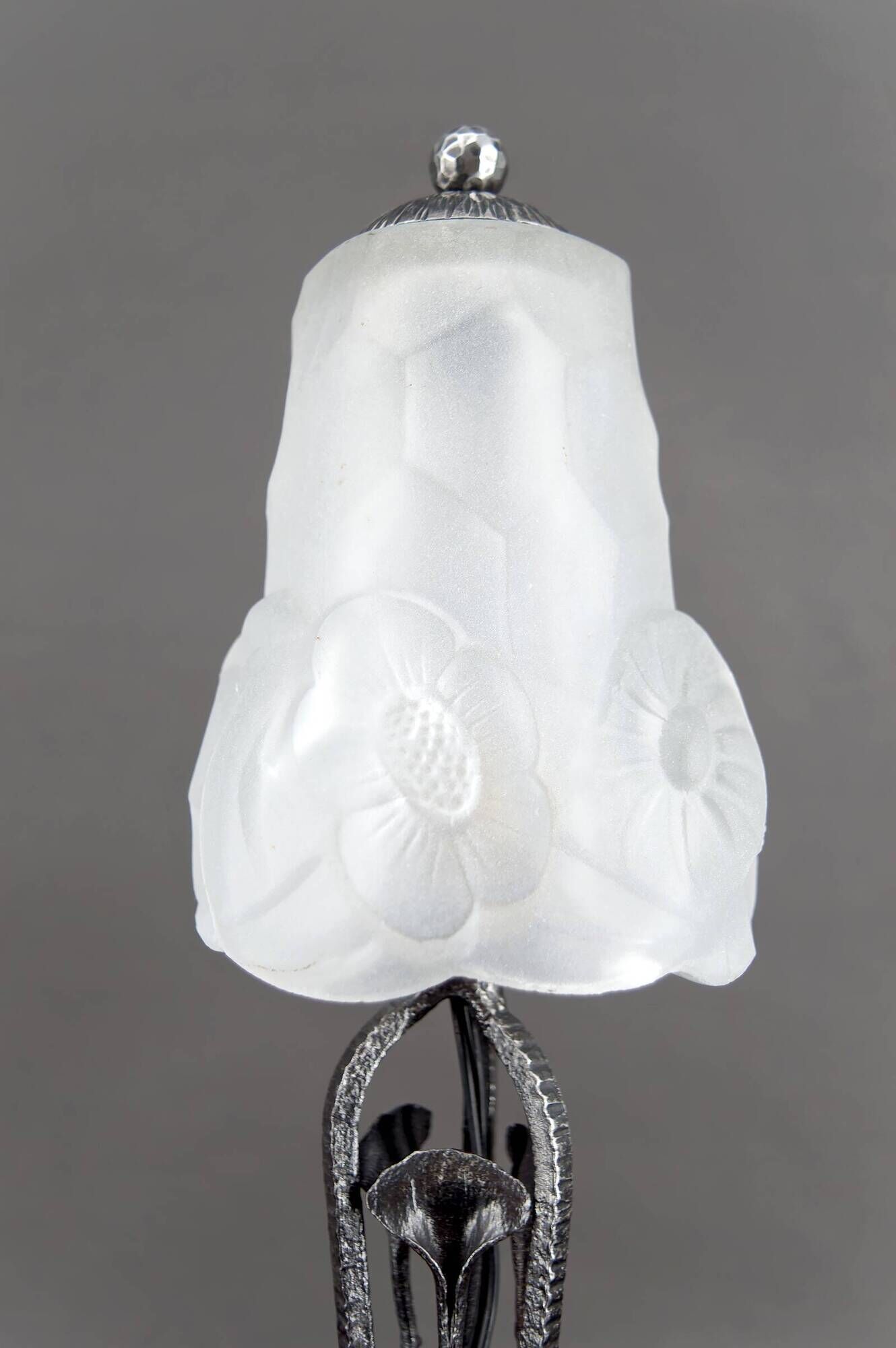 Art Deco Wrought Iron Lamp, Floral Tulip signed Degué, France, c. 1930