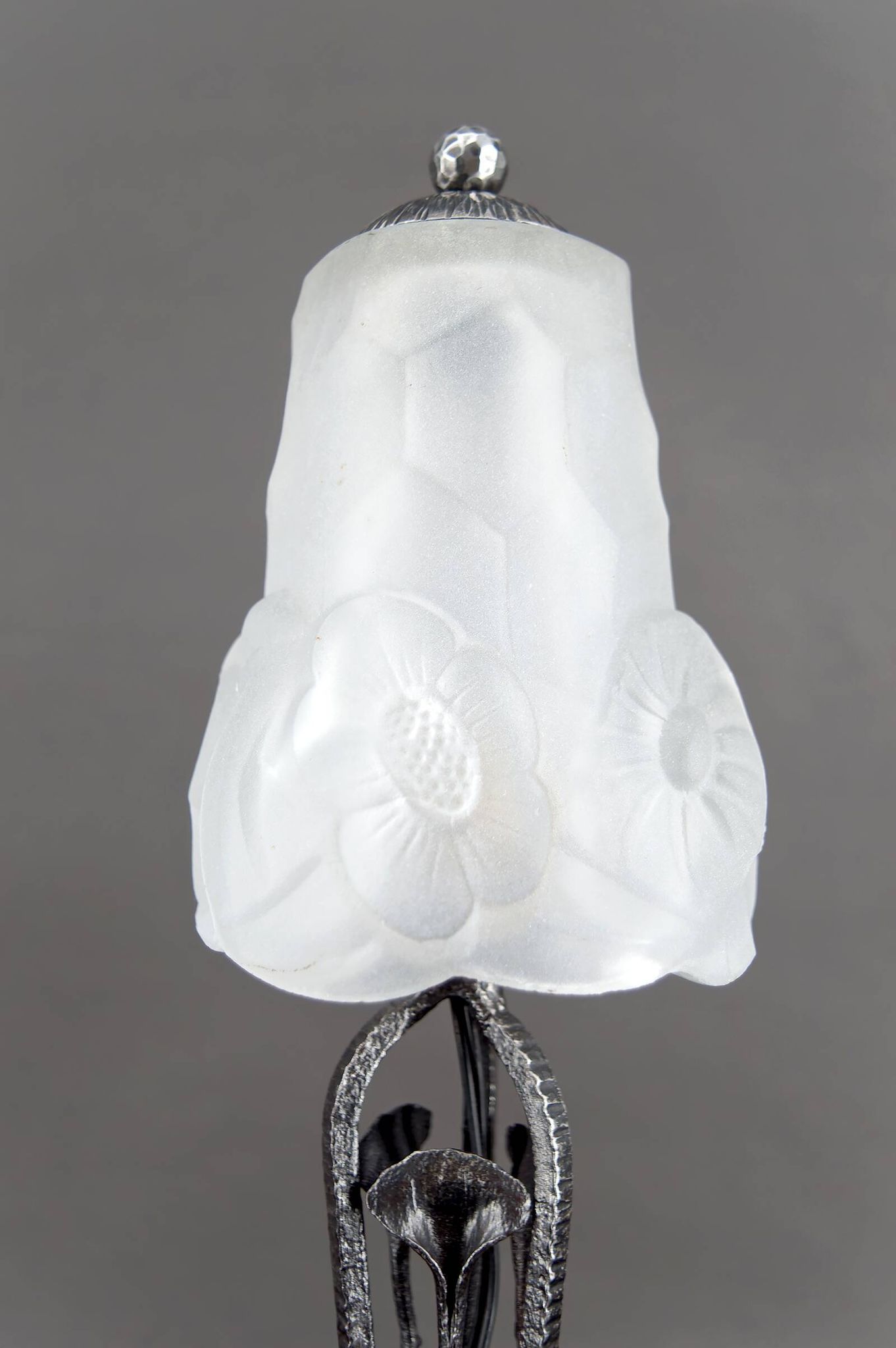 Art Deco Wrought Iron Lamp, Floral Tulip signed Degué, France, c. 1930