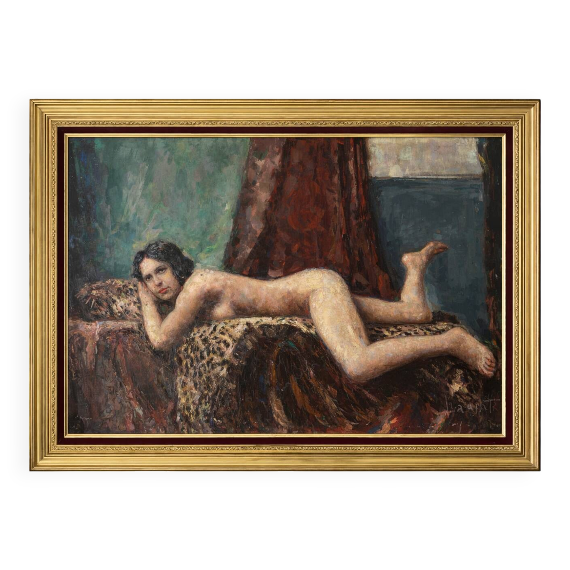 Ancient nude female painting signed Laudati, oil on canvas, French school 20th century.
