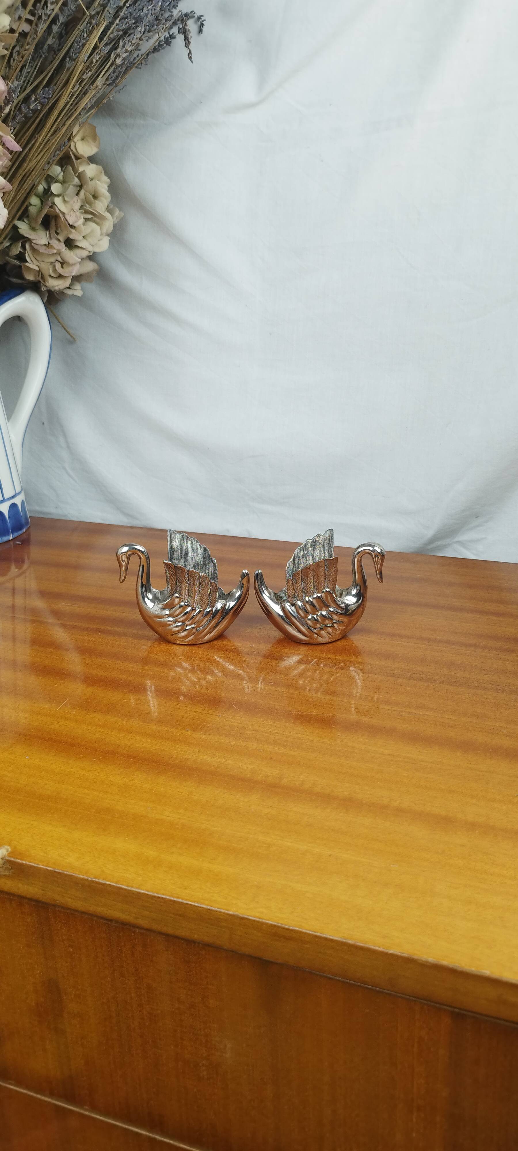 Pair of Silver Metal Zoomorphic Swan Candle Holders, Vintage 70s
