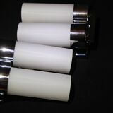 Pair of Modernist wall lights in chrome and double opaline metal, France, Mid-century.