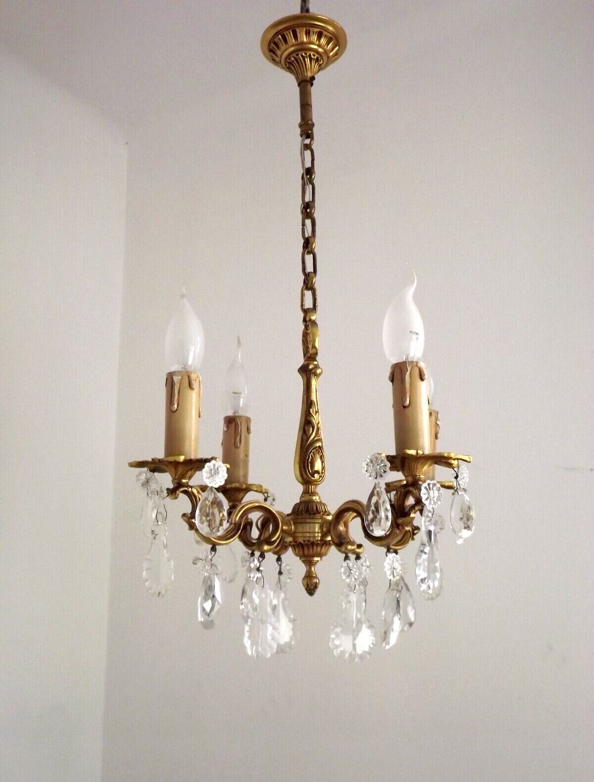 Vintage french brass 4 light chandelier assorted faceted crystal 4007