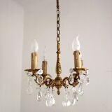 Vintage french brass 4 light chandelier assorted faceted crystal 4007