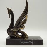 French Art Deco Bronzed Effect Spelter Swan Book Ends Black Marble Base