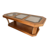 Octagonal coffee table in oak, smoked glass and brass – Art Deco style