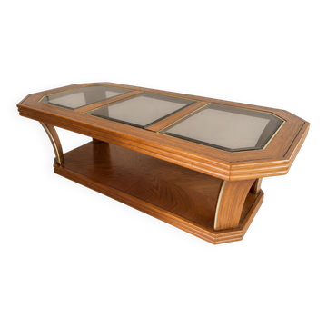 Table basse octogonale en chêne, verre fumé et laiton – style Art Déco