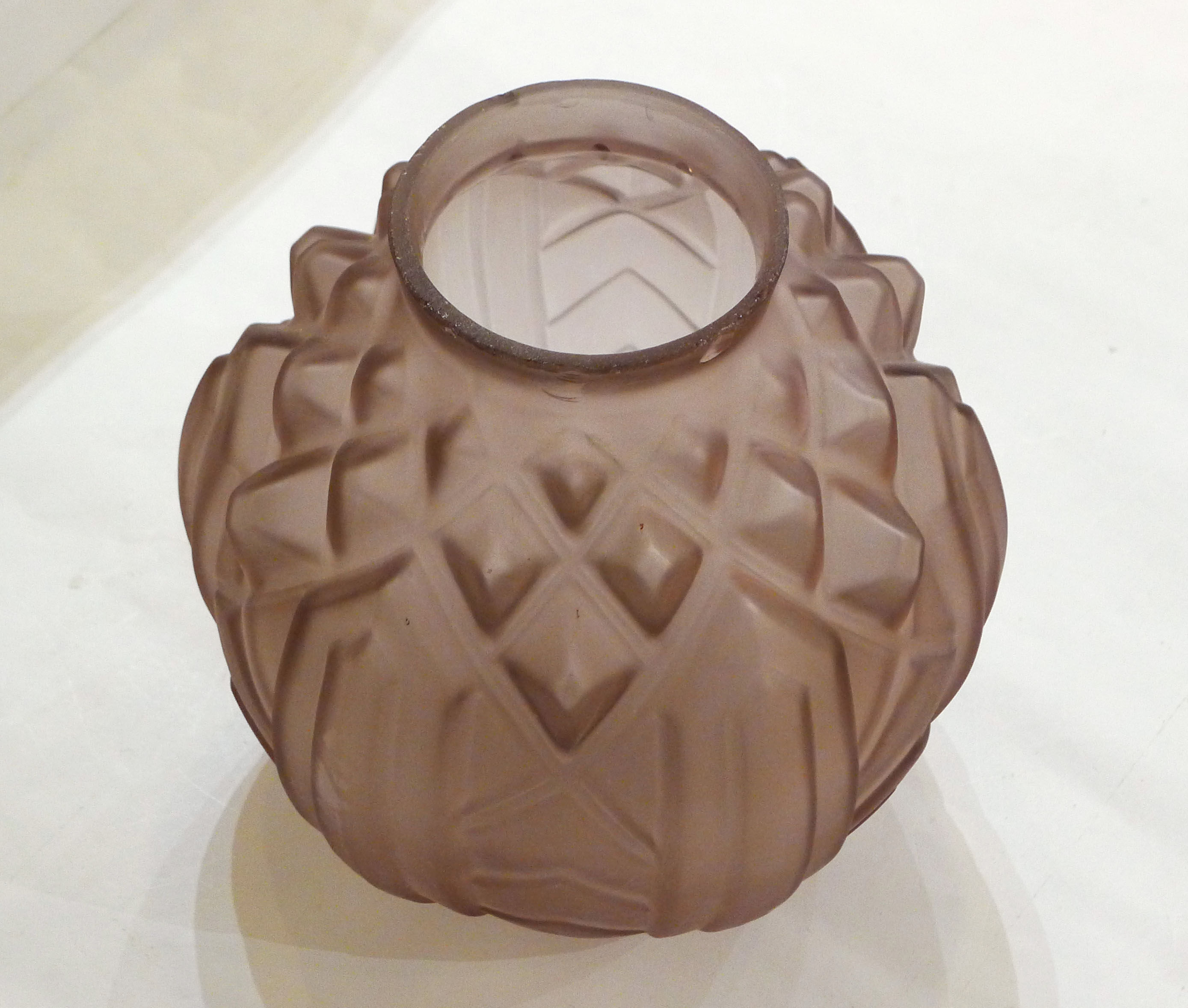 Art Deco ball vase, frosted violet glass